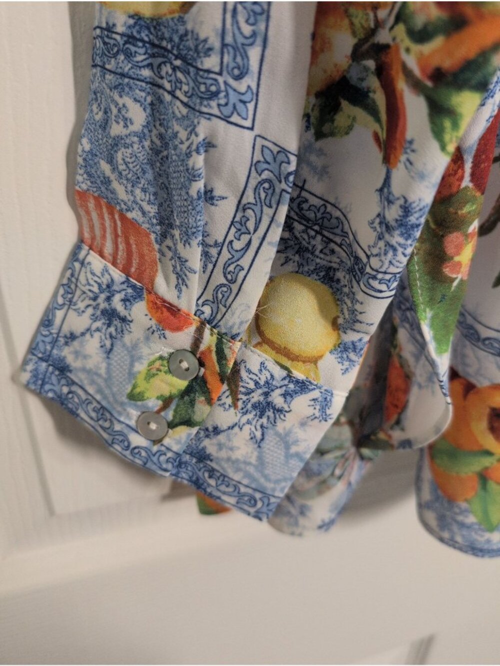 Rose & Olive Floral Fruit Shirt Womens Size XL Blue Patchwork Camp 3/4 Sleeves - Picture 9 of 9